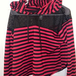 Red and black striped crop top with fishnets